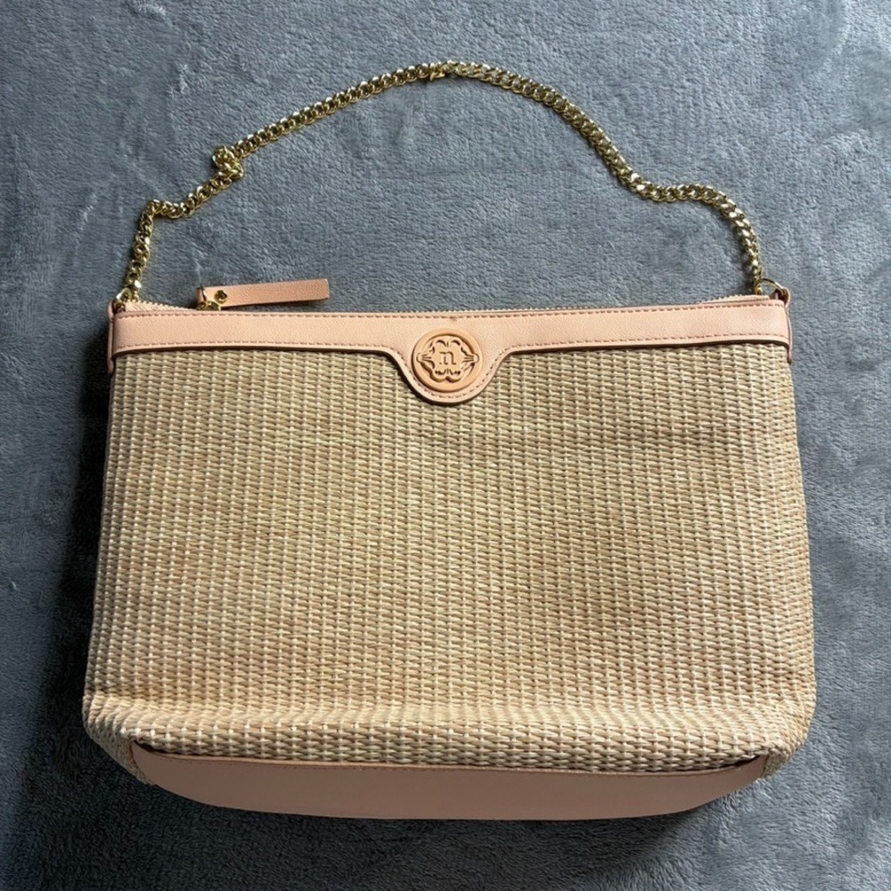Nanette Lepore Woven Straw Vegan Leather Gold Chain Shoulder Bag Classic Peach